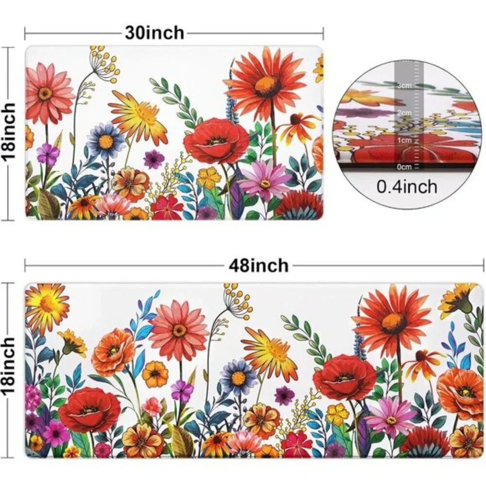New Set of 2 White Floral Kitchen Mat, Anti-Fatigue, Cushioned, Non-Slip Mats
